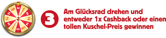 Am Glücksrad drehen und entweder 1x Cashback order einen tollen Kuschel-Preis gewinnen